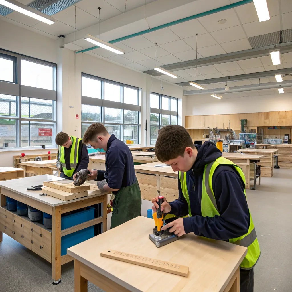 A modern carpentry classroom with students learning woodworking